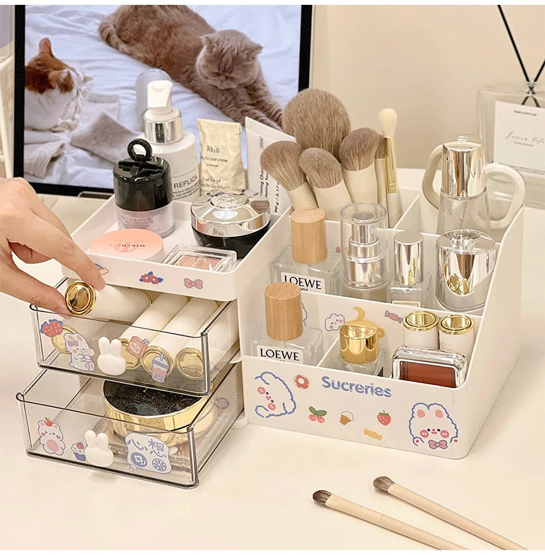 Desktop Cosmetic Storage Box Organizer Drawer Office Storage Rack Stationery Desk Pen Holder Bunny Drawer Organizer Cute Kawaii