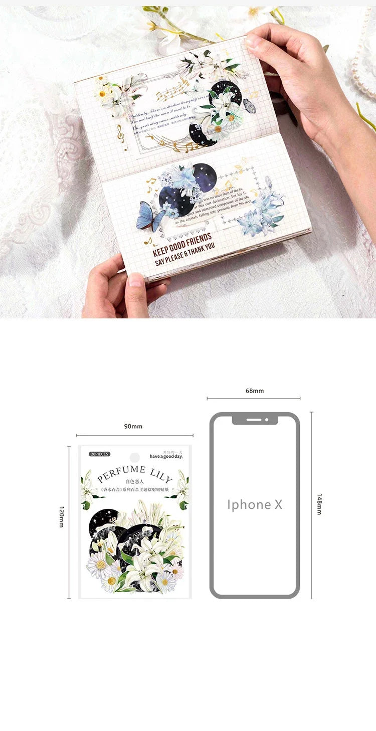 20Pieces Stickers Flowers Laser Pperfume lily series silver Scrapbook Paper Material handbook Stickers Purple Night 120*90mm