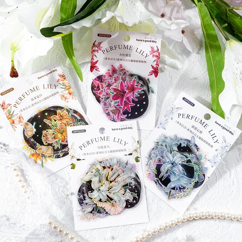 20Pieces Stickers Flowers Laser Pperfume lily series silver Scrapbook Paper Material handbook Stickers Purple Night 120*90mm