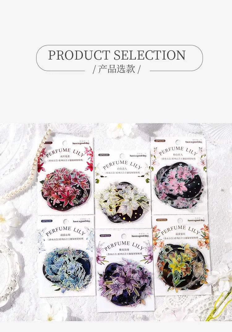 20Pieces Stickers Flowers Laser Pperfume lily series silver Scrapbook Paper Material handbook Stickers Purple Night 120*90mm