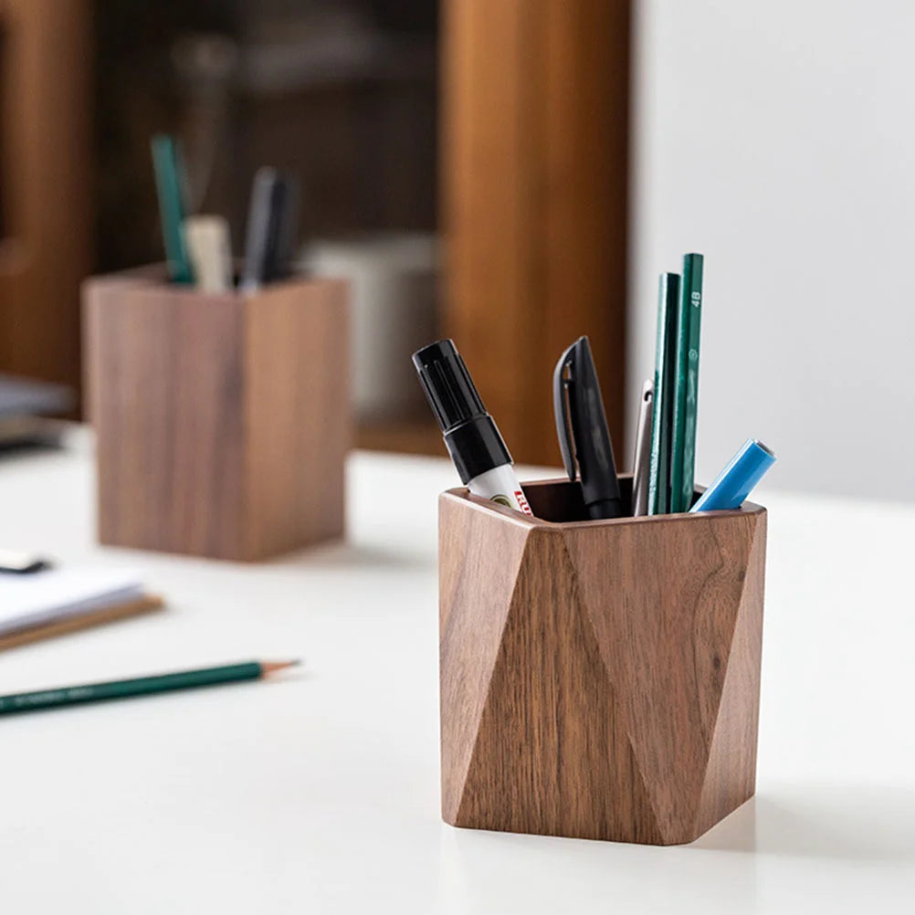 Pen Holder Office Container Stationery Storage Wooden Solid Walnut Tabletop Stationery Finishing Storage Office Pencil Stand