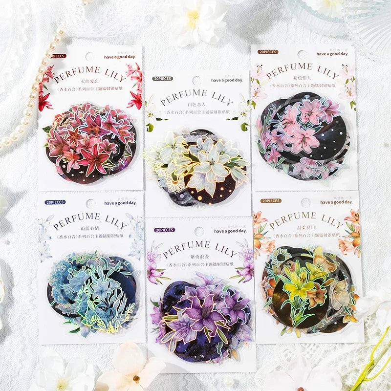 20Pieces Stickers Flowers Laser Pperfume lily series silver Scrapbook Paper Material handbook Stickers Purple Night 120*90mm