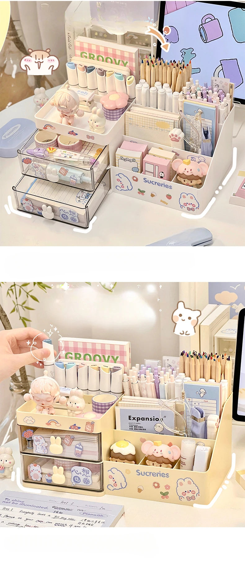 Desktop Cosmetic Storage Box Organizer Drawer Office Storage Rack Stationery Desk Pen Holder Bunny Drawer Organizer Cute Kawaii