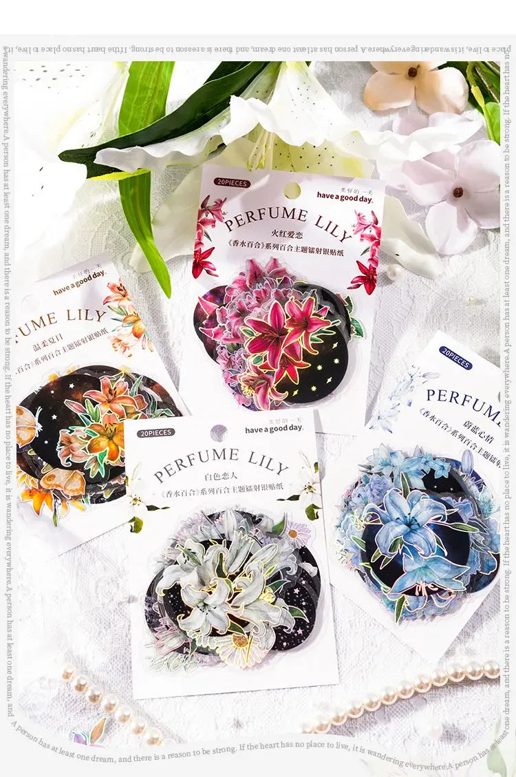 20Pieces Stickers Flowers Laser Pperfume lily series silver Scrapbook Paper Material handbook Stickers Purple Night 120*90mm