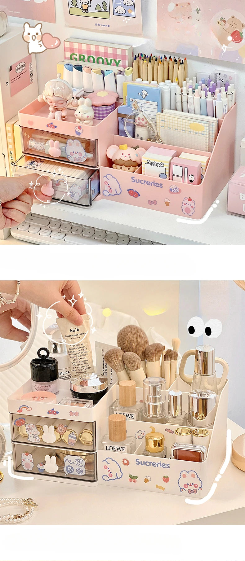 Desktop Cosmetic Storage Box Organizer Drawer Office Storage Rack Stationery Desk Pen Holder Bunny Drawer Organizer Cute Kawaii