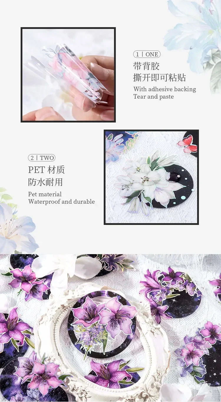 20Pieces Stickers Flowers Laser Pperfume lily series silver Scrapbook Paper Material handbook Stickers Purple Night 120*90mm