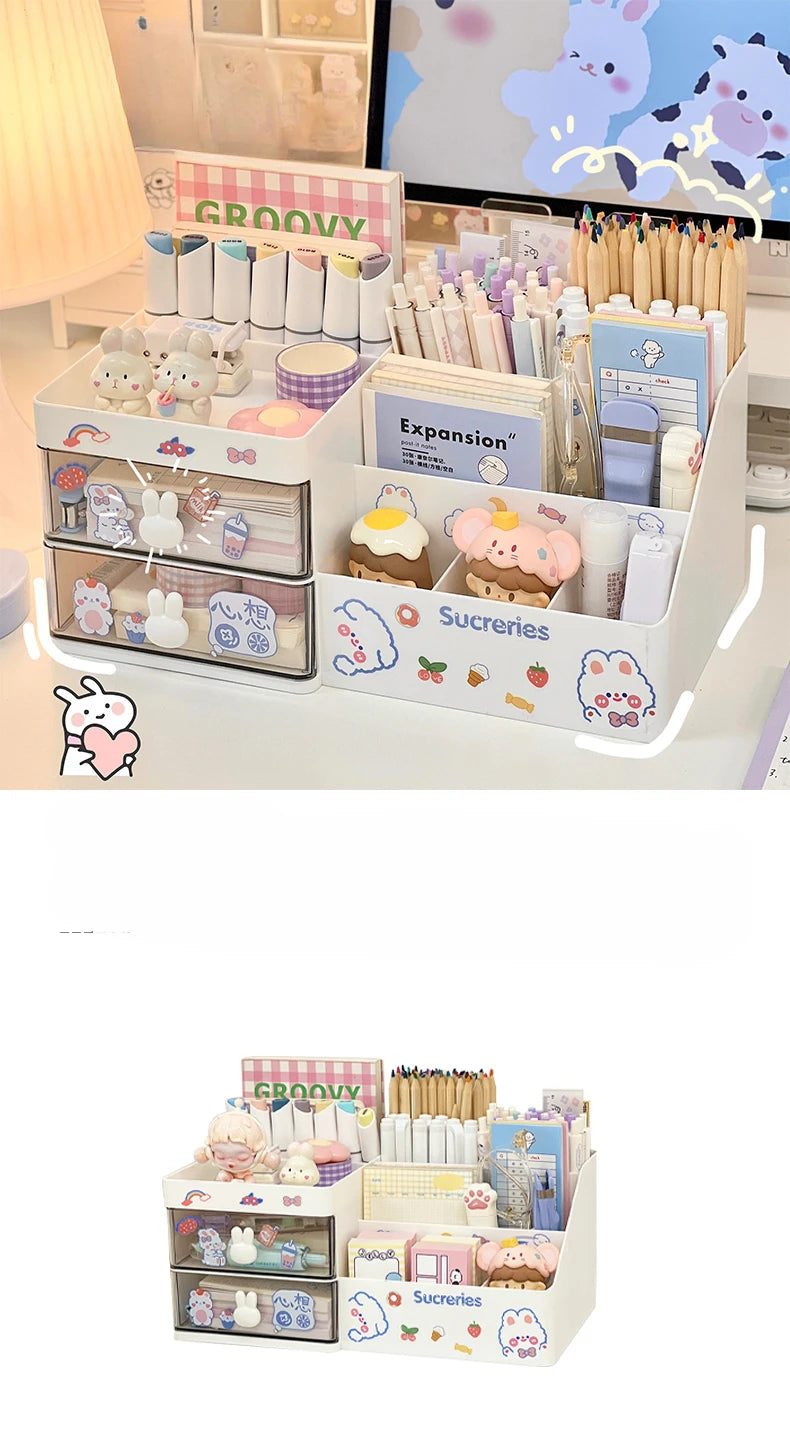 Desktop Cosmetic Storage Box Organizer Drawer Office Storage Rack Stationery Desk Pen Holder Bunny Drawer Organizer Cute Kawaii