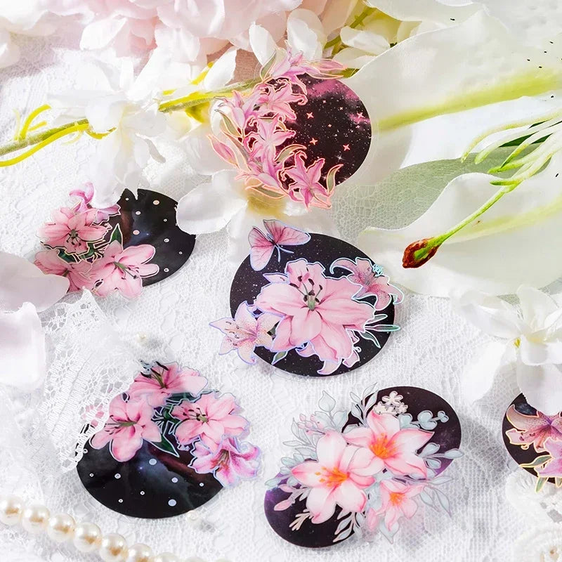 20Pieces Stickers Flowers Laser Pperfume lily series silver Scrapbook Paper Material handbook Stickers Purple Night 120*90mm