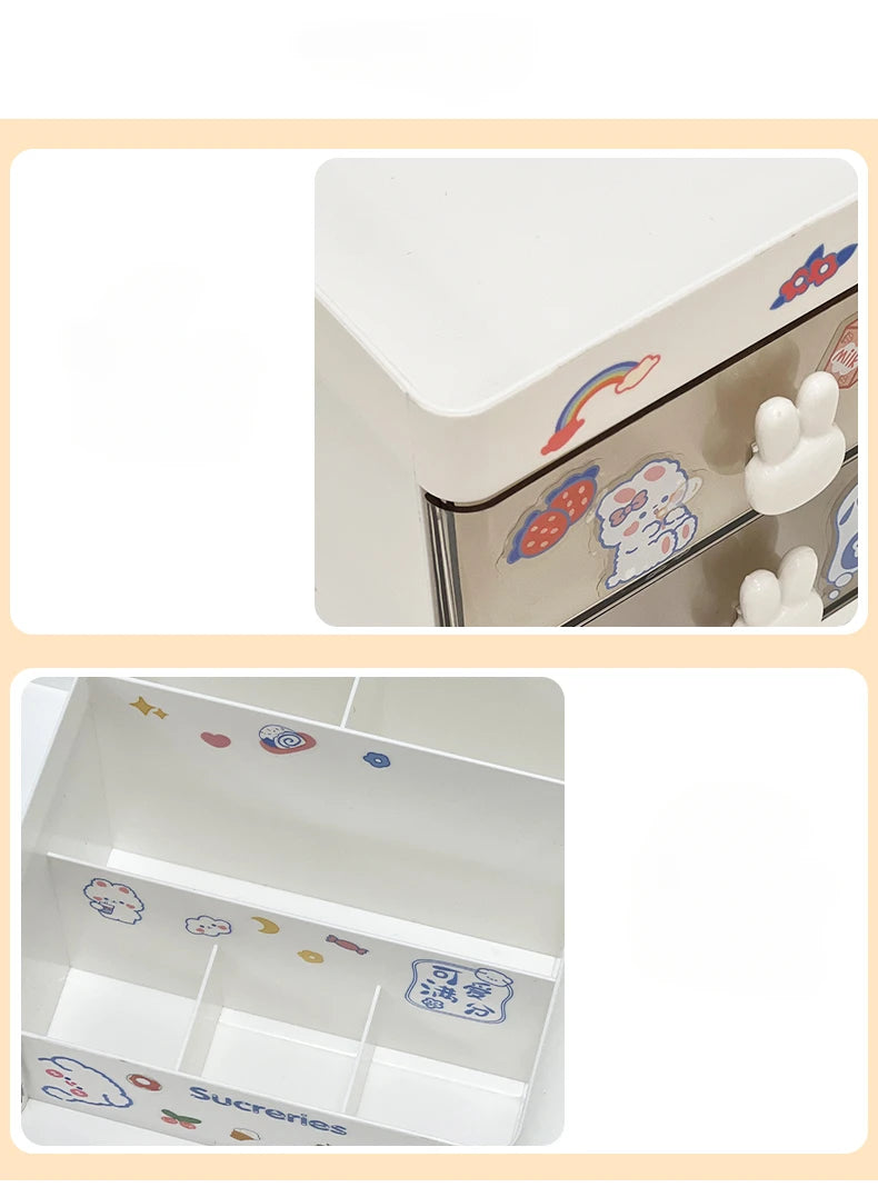 Desktop Cosmetic Storage Box Organizer Drawer Office Storage Rack Stationery Desk Pen Holder Bunny Drawer Organizer Cute Kawaii